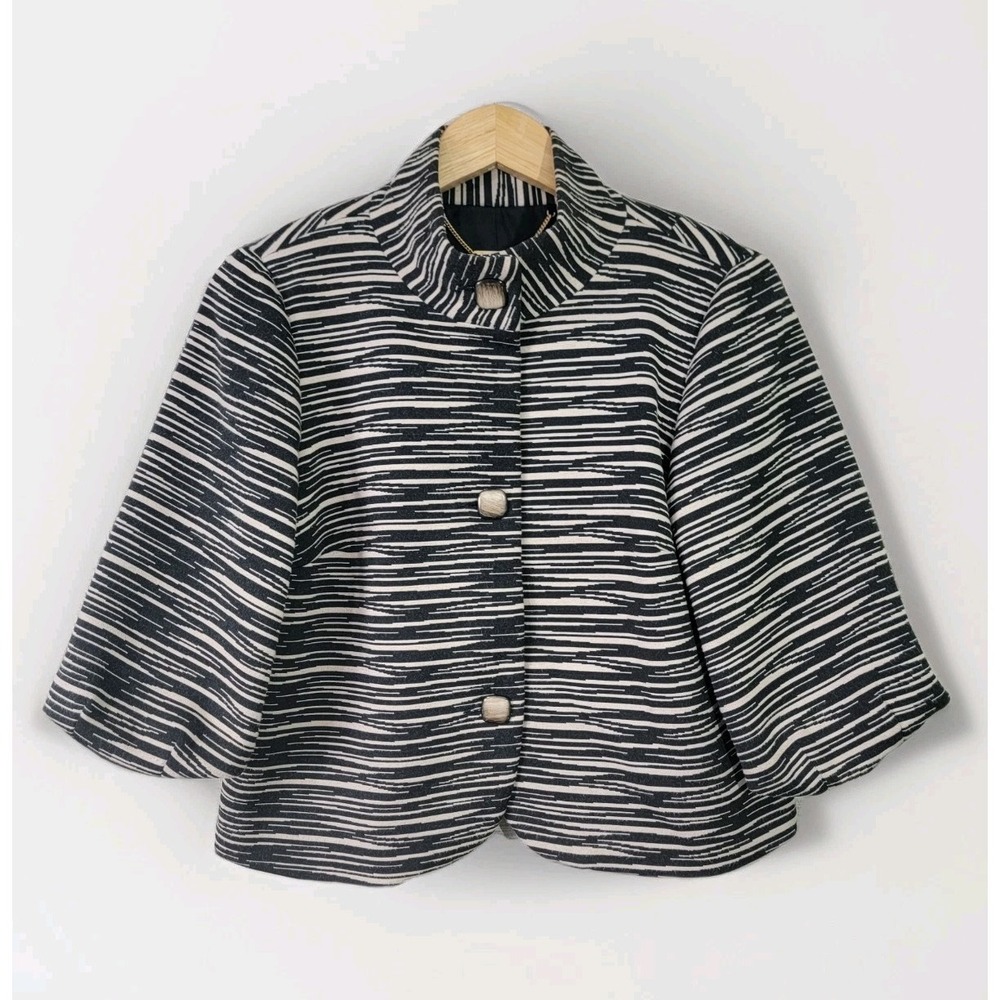 Trina Turk Women's Size 10 Black‎ Tan Striped Jacket Made in USA 3/4 Sleeve